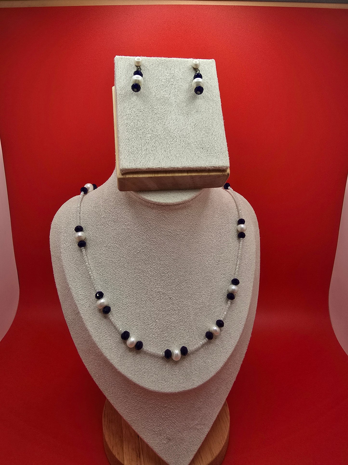 Bridal Pearl with Blue Porcelain Necklace and Earrings