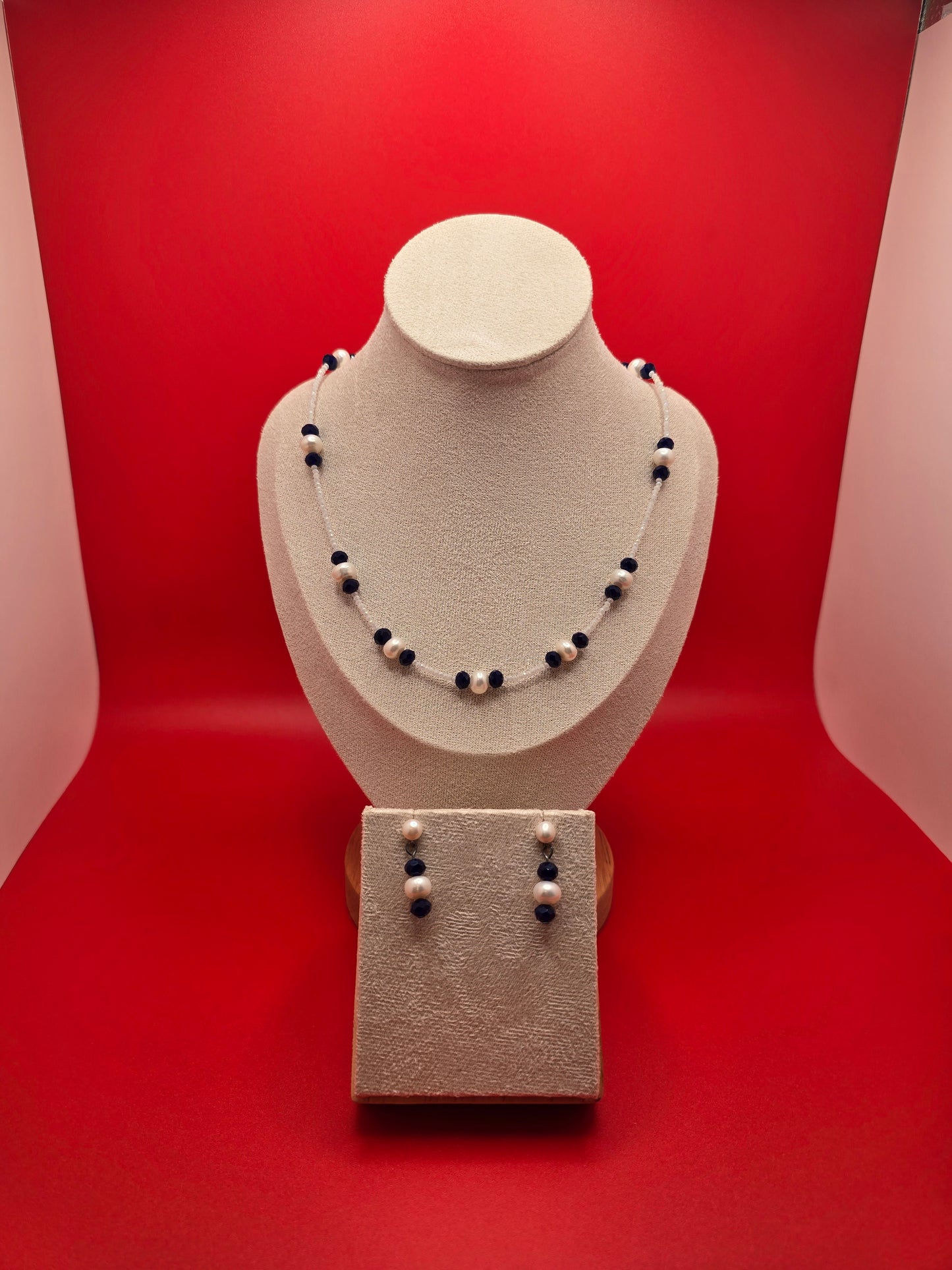 Bridal Pearl with Blue Porcelain Necklace and Earrings