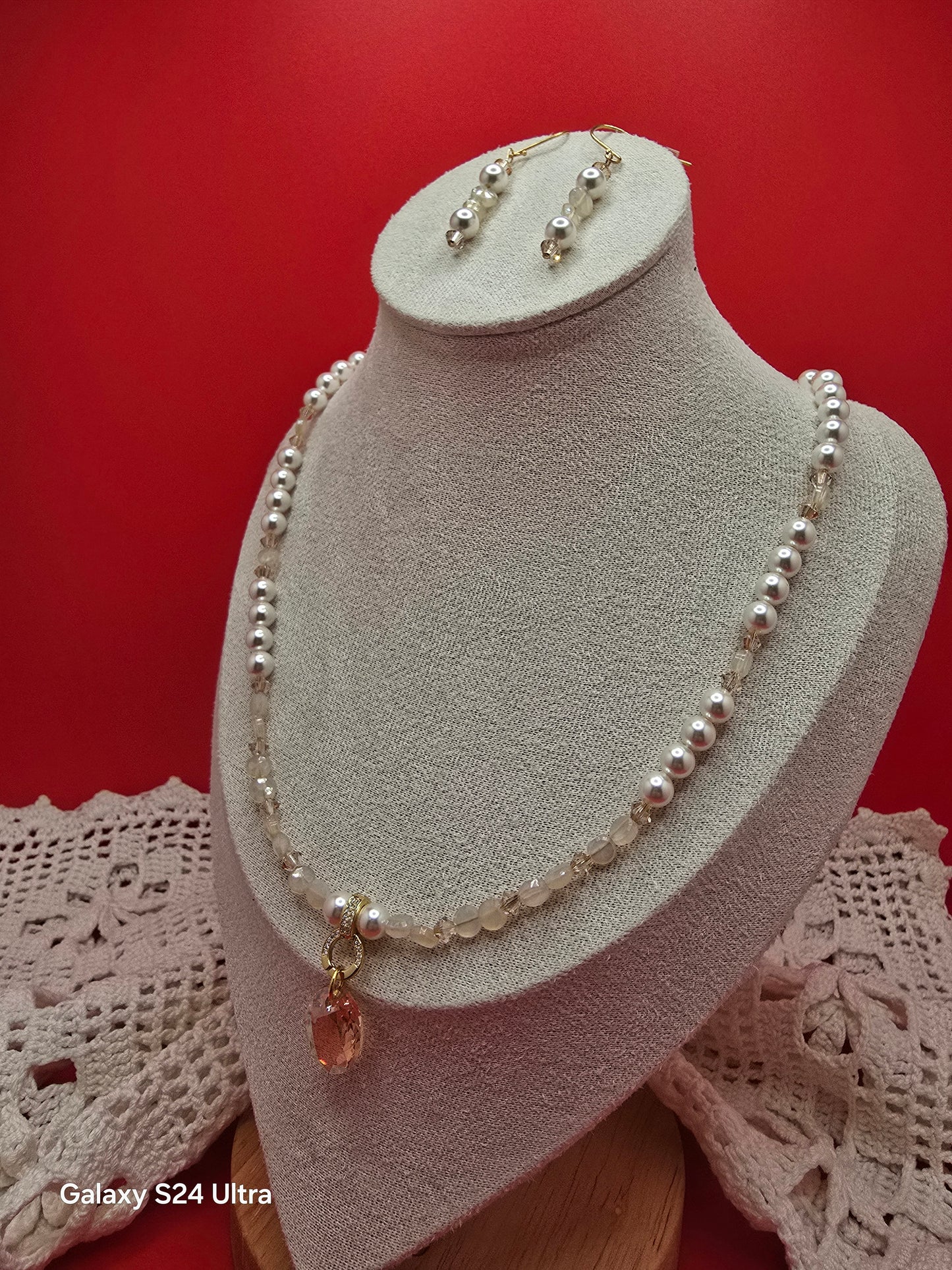 Swarovski Gold and Chalcedony Bridal Necklace and Earrings