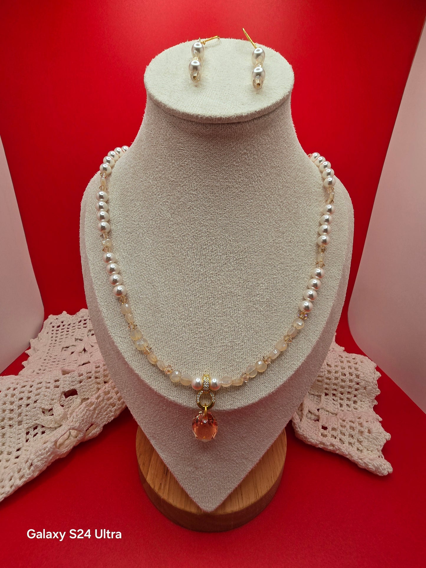 Swarovski Gold and Chalcedony Bridal Necklace and Earrings