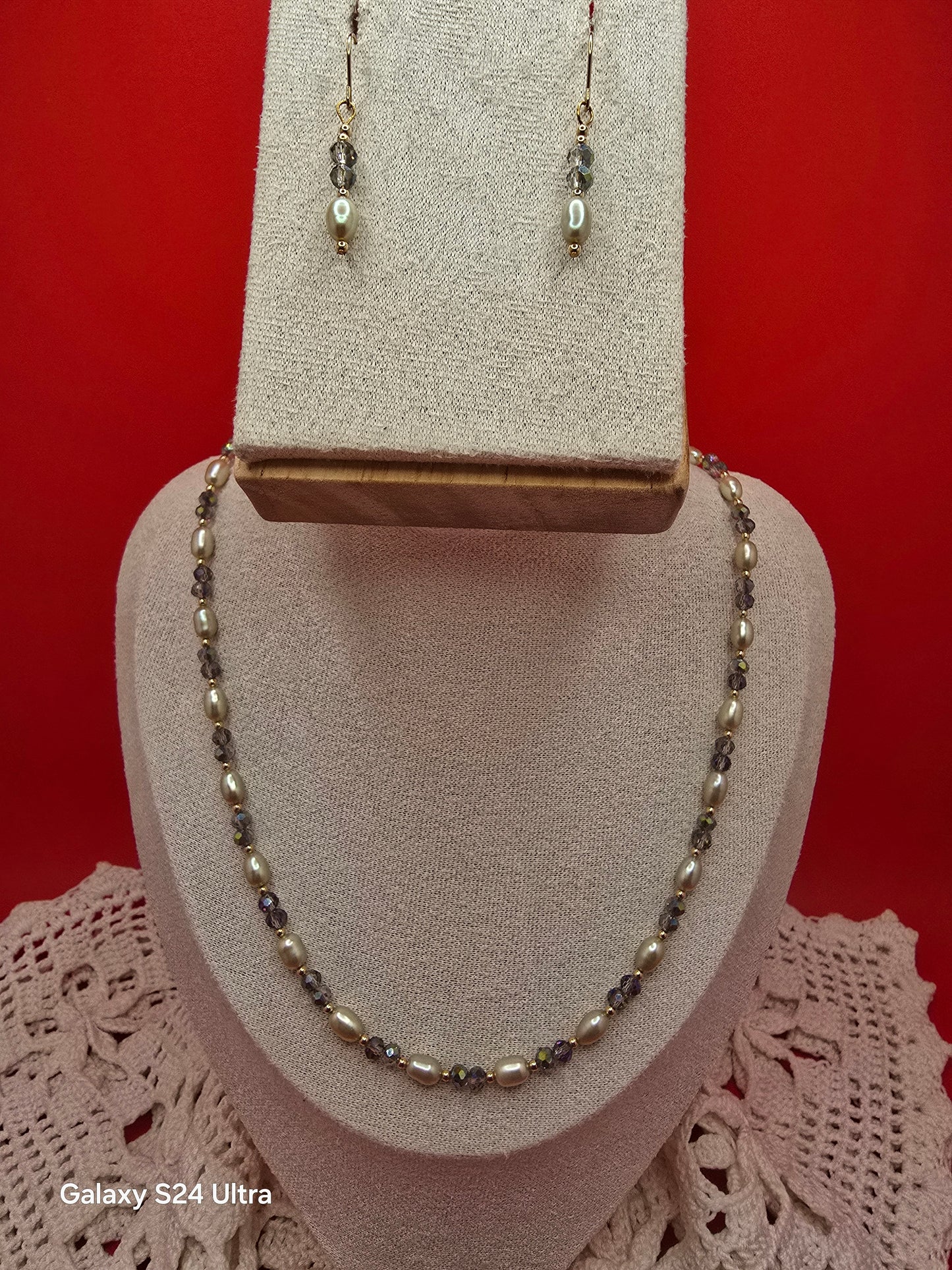 Bridal Pistachio Rice Pearl Necklace and Earrings
