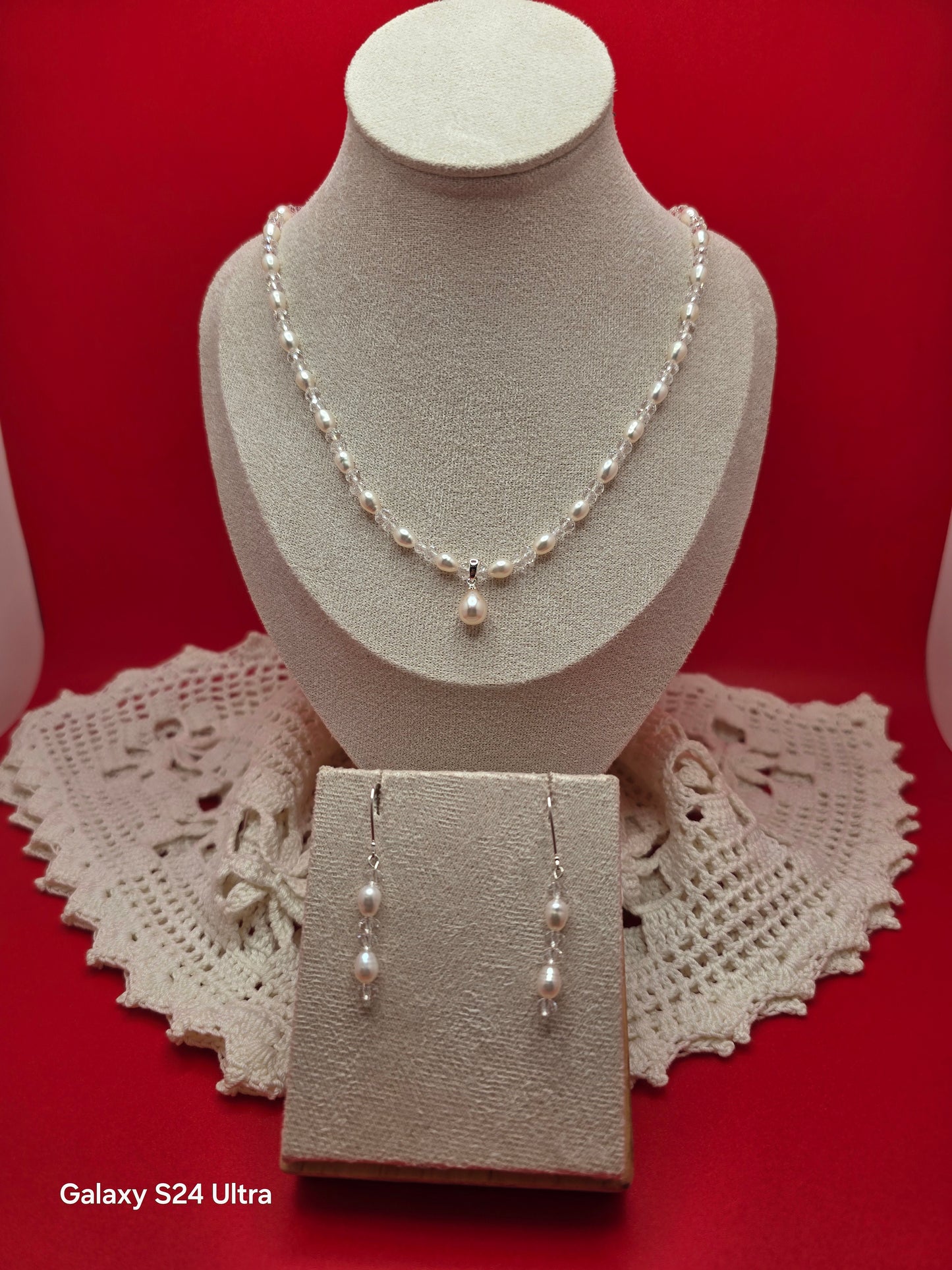 Bridal Quartz and Rice Pearl Necklace and Earrings