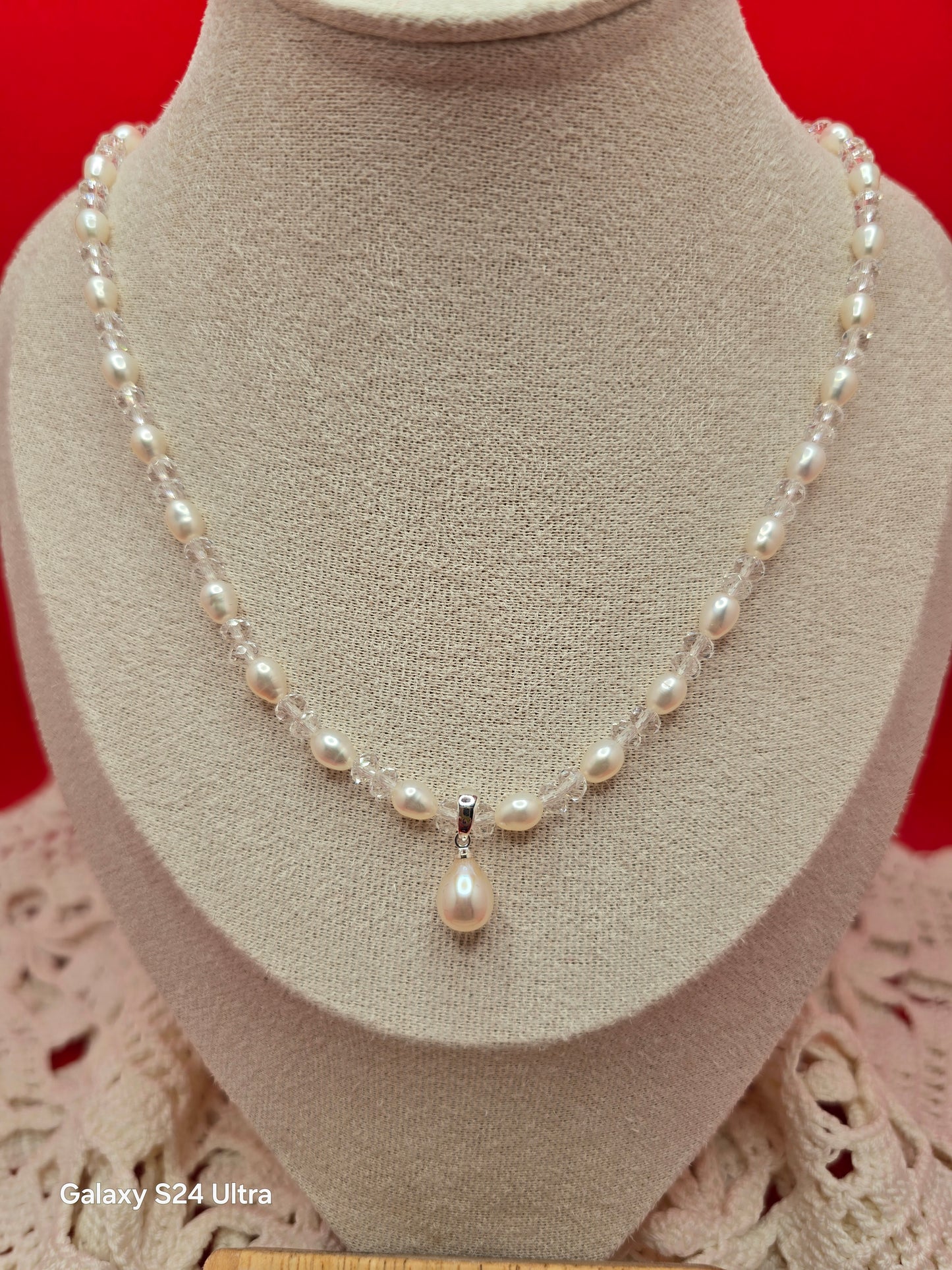 Bridal Quartz and Rice Pearl Necklace and Earrings