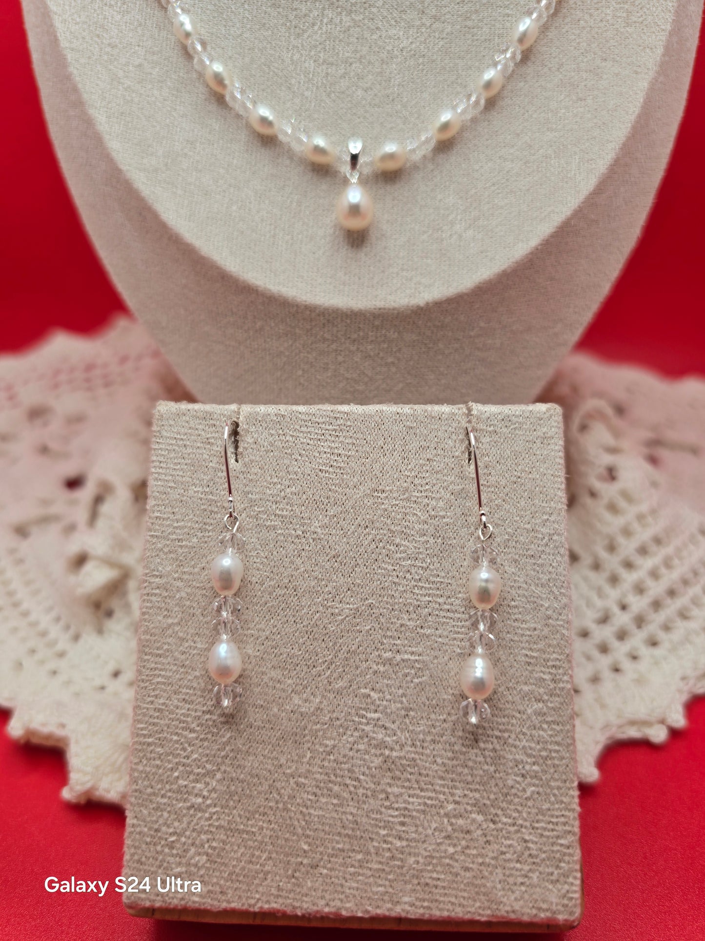 Bridal Quartz and Rice Pearl Necklace and Earrings