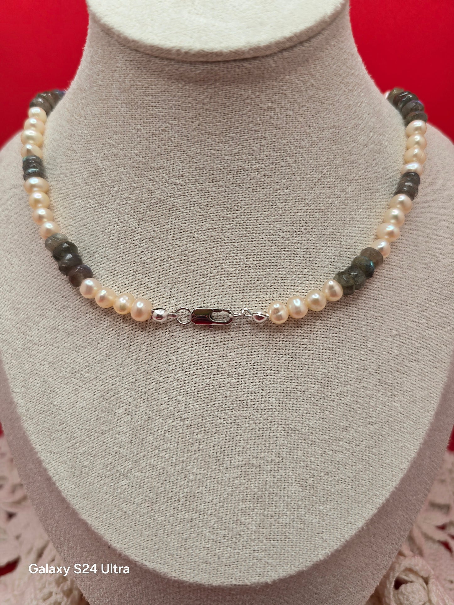 Bridal Peach Pearl and Labradorite Necklace and Earrings