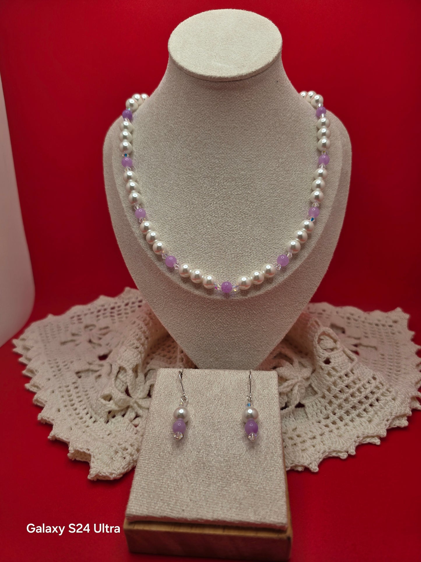 Bridal Amethyst and Mother of Pearl Necklace and Earrings