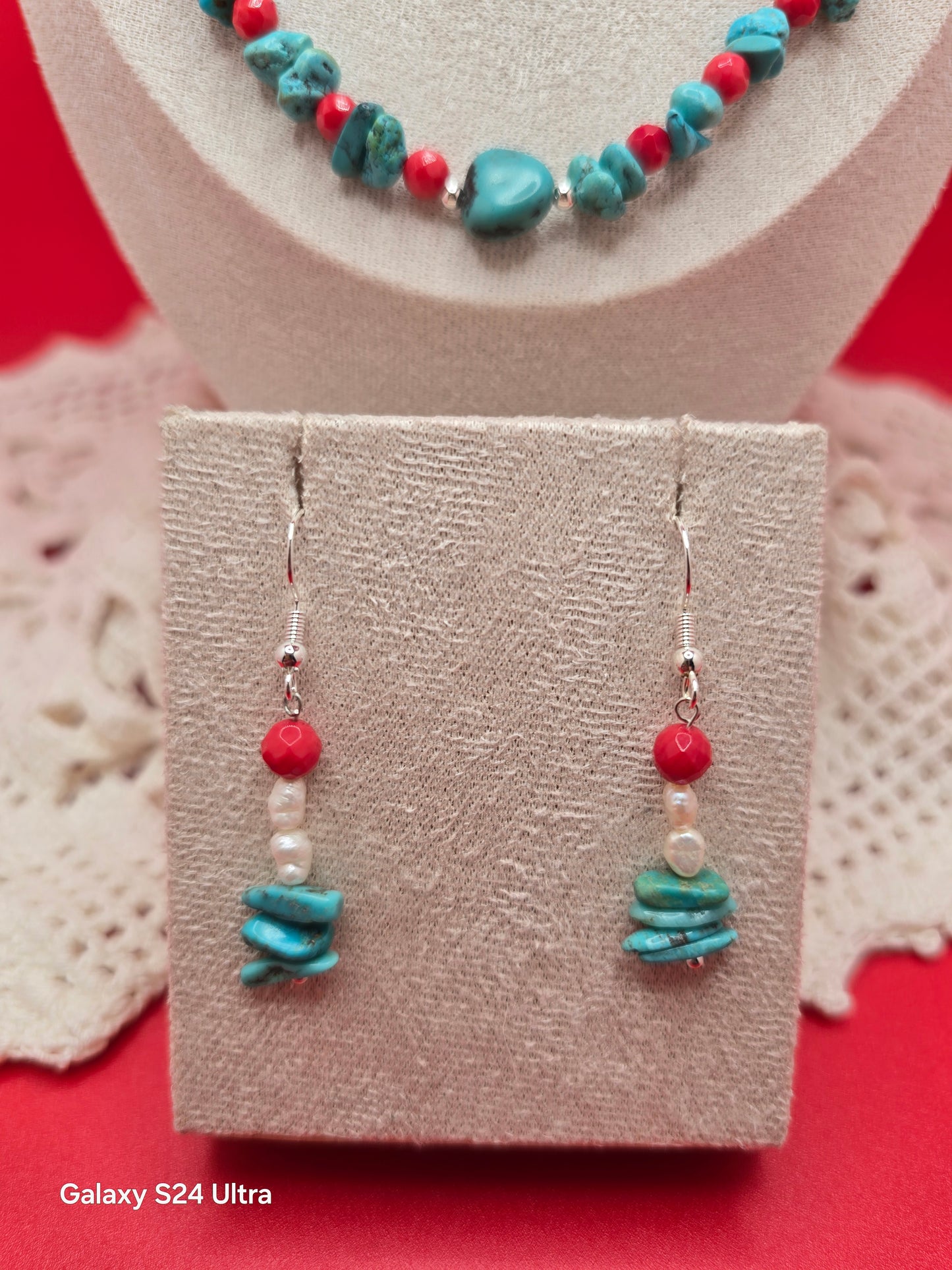 Bridal Coral, Turquoise, and Pearl Necklace and Earring Set