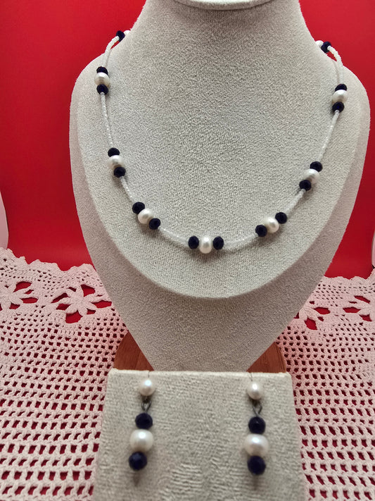Bridal Pearl with Blue Porcelain Necklace and Earrings