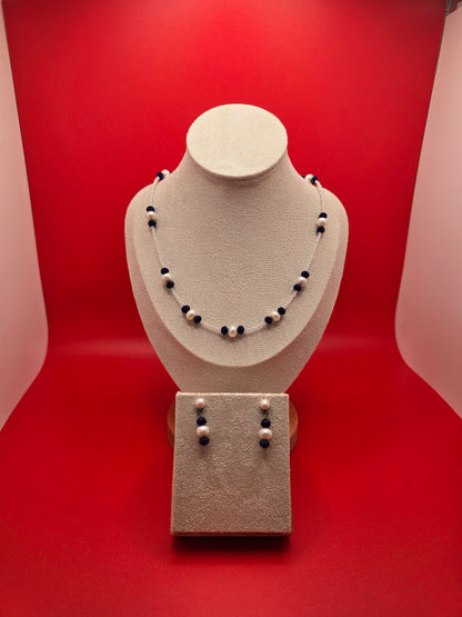 Bridal Pearl with Blue Porcelain Necklace and Earrings