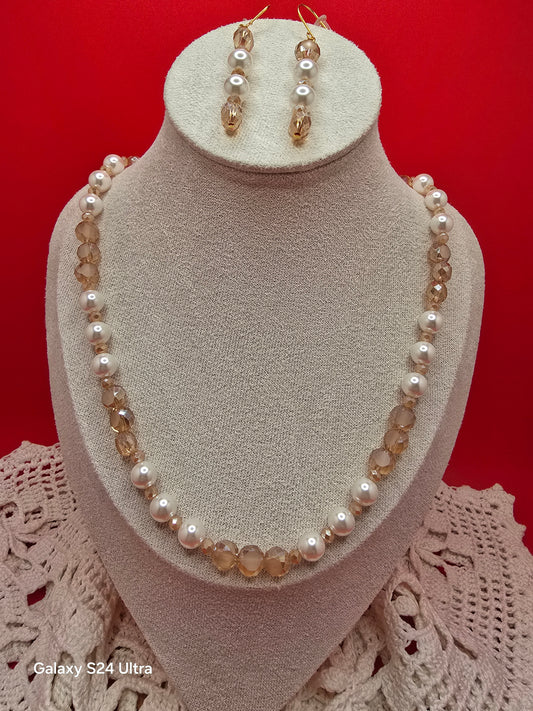 Bridal Golden Champagne Mother of Pearl Necklace and Earrings