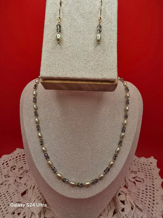 Bridal Pistachio Rice Pearl Necklace and Earrings