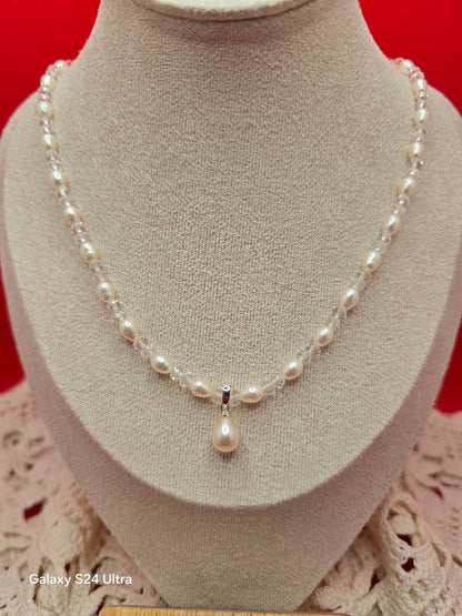 Bridal Quartz and Rice Pearl Necklace and Earrings