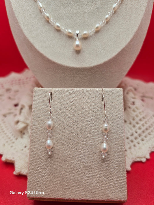 Bridal Quartz and Rice Pearl Necklace and Earrings