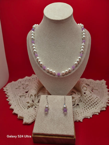 Bridal Amethyst and Mother of Pearl Necklace and Earrings