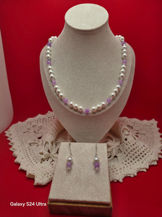 Bridal Amethyst and Mother of Pearl Necklace and Earrings