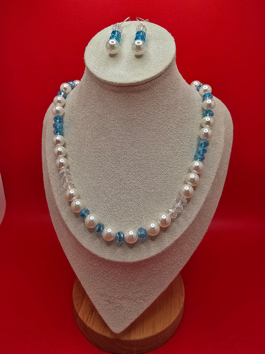 Bridal Blue Quartz and Mother of Pearl Necklace and Earrings