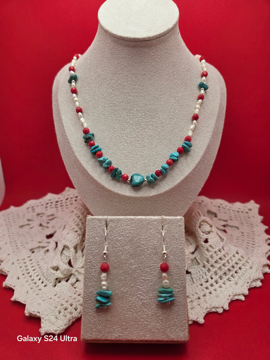 Bridal Coral, Turquoise, and Pearl Necklace and Earring Set
